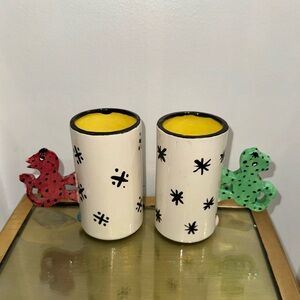 VINTAGE Mugs Black&White Stripe With Dog Handle Signed R Terrell